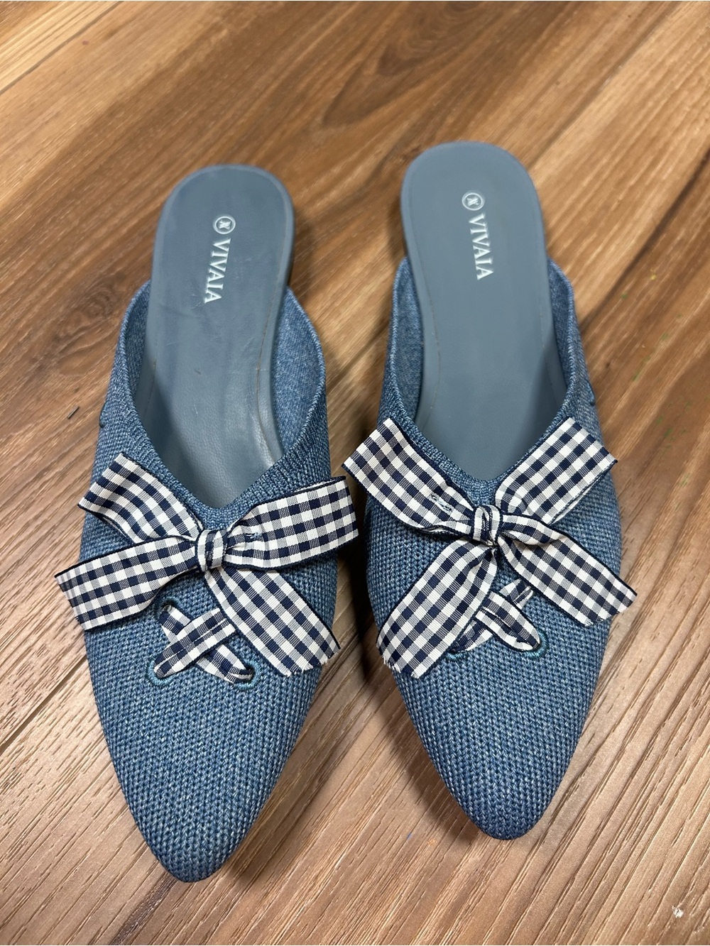 Vivaia pointed toe mules gingham bow size 38 US 7 flats preppy Twee teacher - Picture 2 of 7